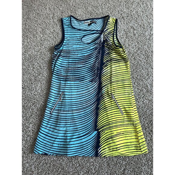 Jamie Sadock Womens Sz L Sleeveless Striped Dress W/ Zipper Pockets Blue & Yello - Picture 2 of 8